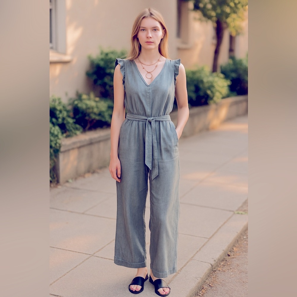 Loft Chambray Flutter Sleeve Denim Wide Leg Cropped Jumper Size Small NWOT